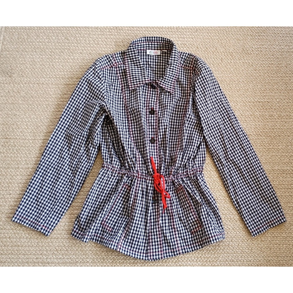 Denim‎ & Co Womens Gingham Button Front Jacket Top Black White Red Stitching M